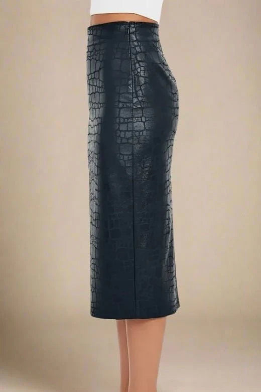 High Waist Leather Pencil Skirt Midi Length Crocodile Black