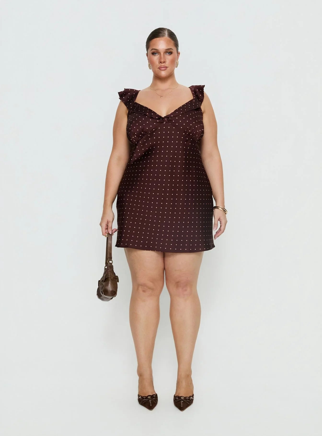 Kamillah Frill Mini Dress Burgundy Polka Dot Curve