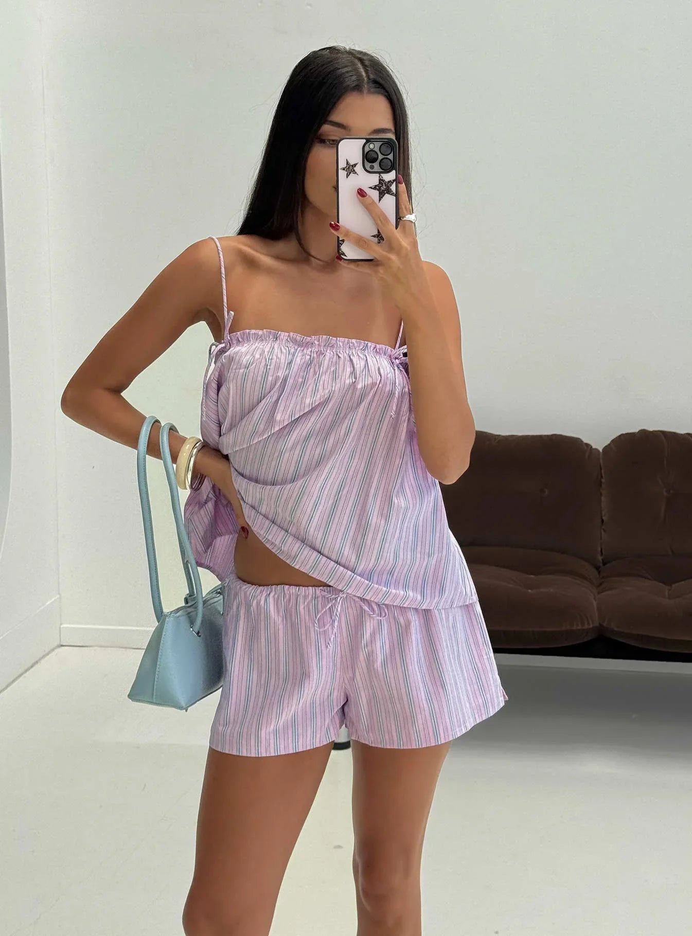 Pepita Drawstring Shorts Pink Stripe