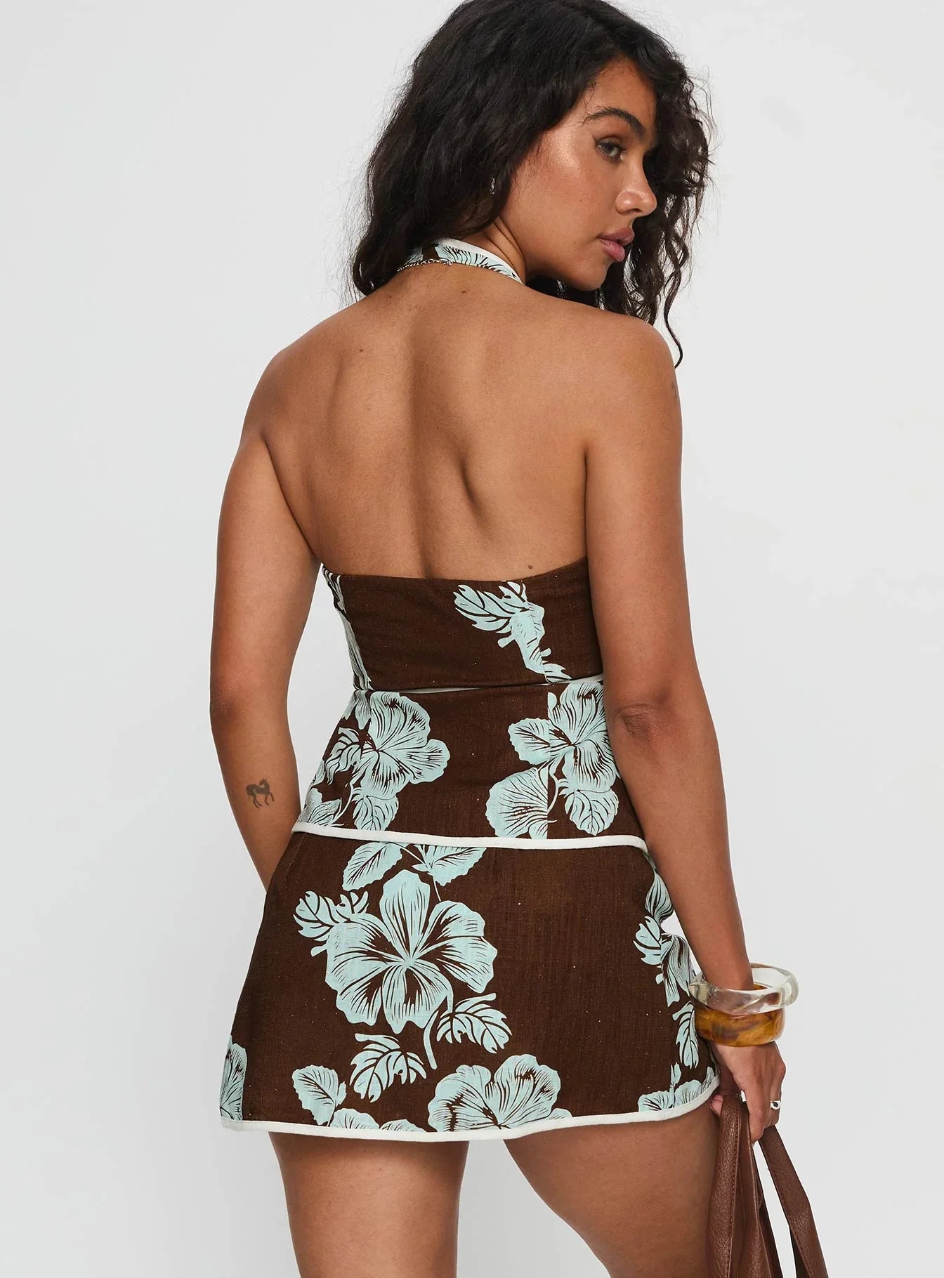 Anyah Halter Wrap Top Brown Blue