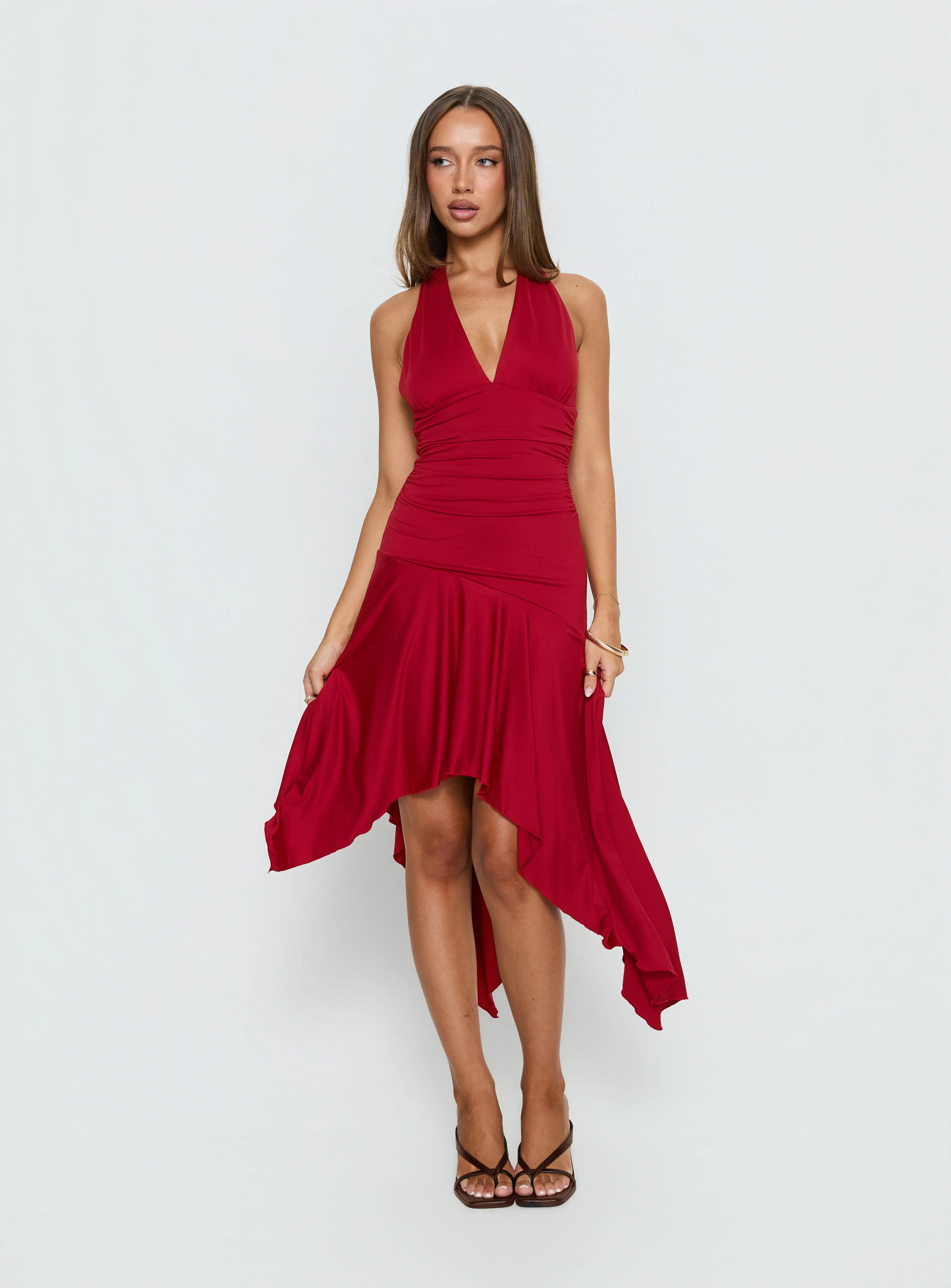 Emara Halter Asymmetrical Midi Dress Red