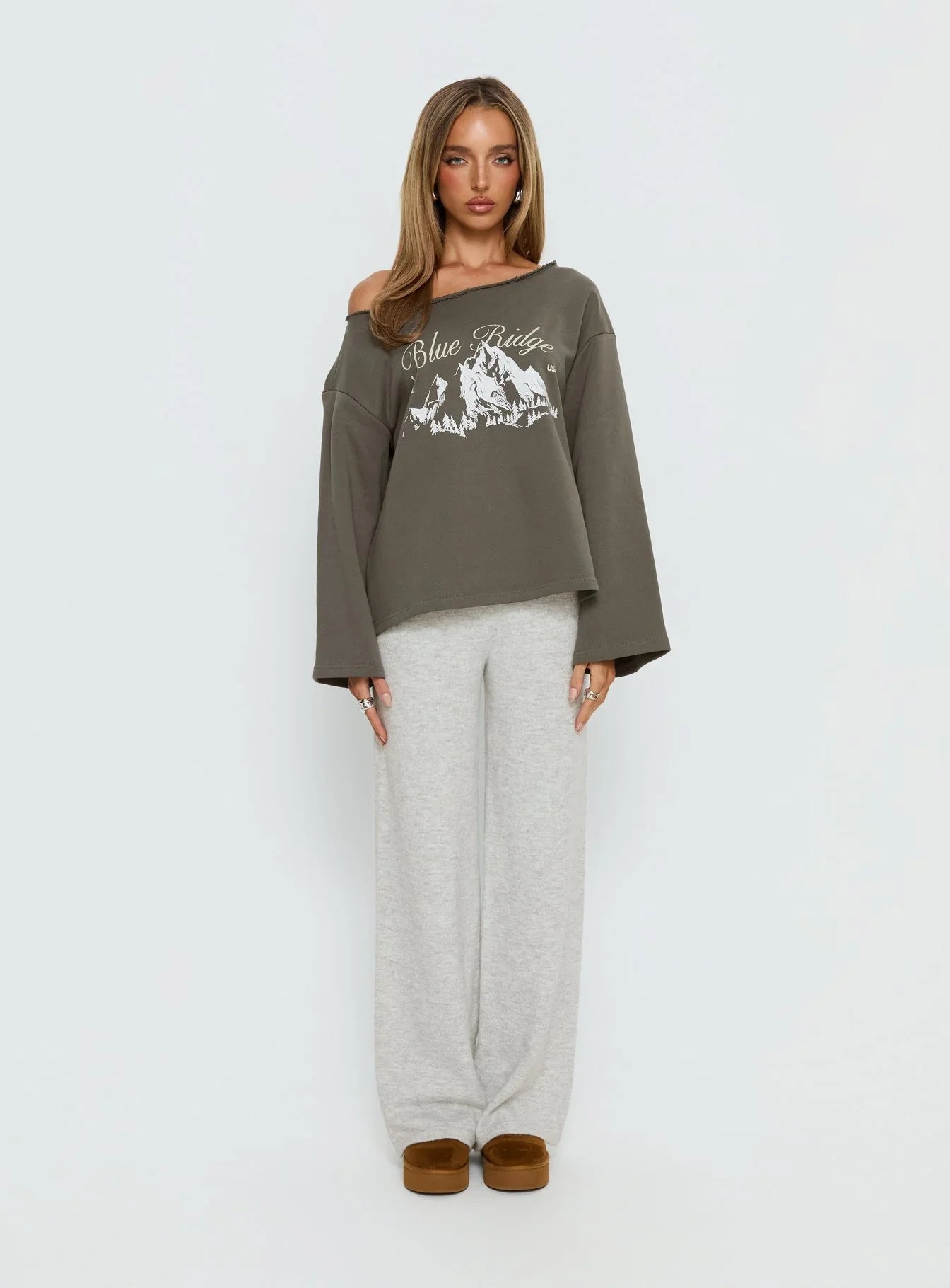 Blue Ridge Mountains Off Shoulder Graphic Sweater Grey