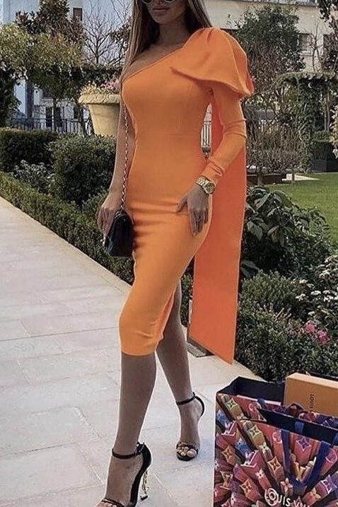 Lela Long Sleeve Bandage Midi Dress Apricot Orange Sale