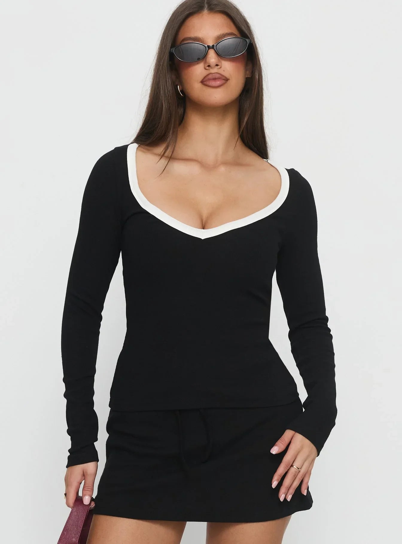 Baseline V Neck Long Sleeve Top Black White