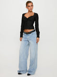 Set For Life Foldover Detail Long Sleeve Top Black White Pinstripe