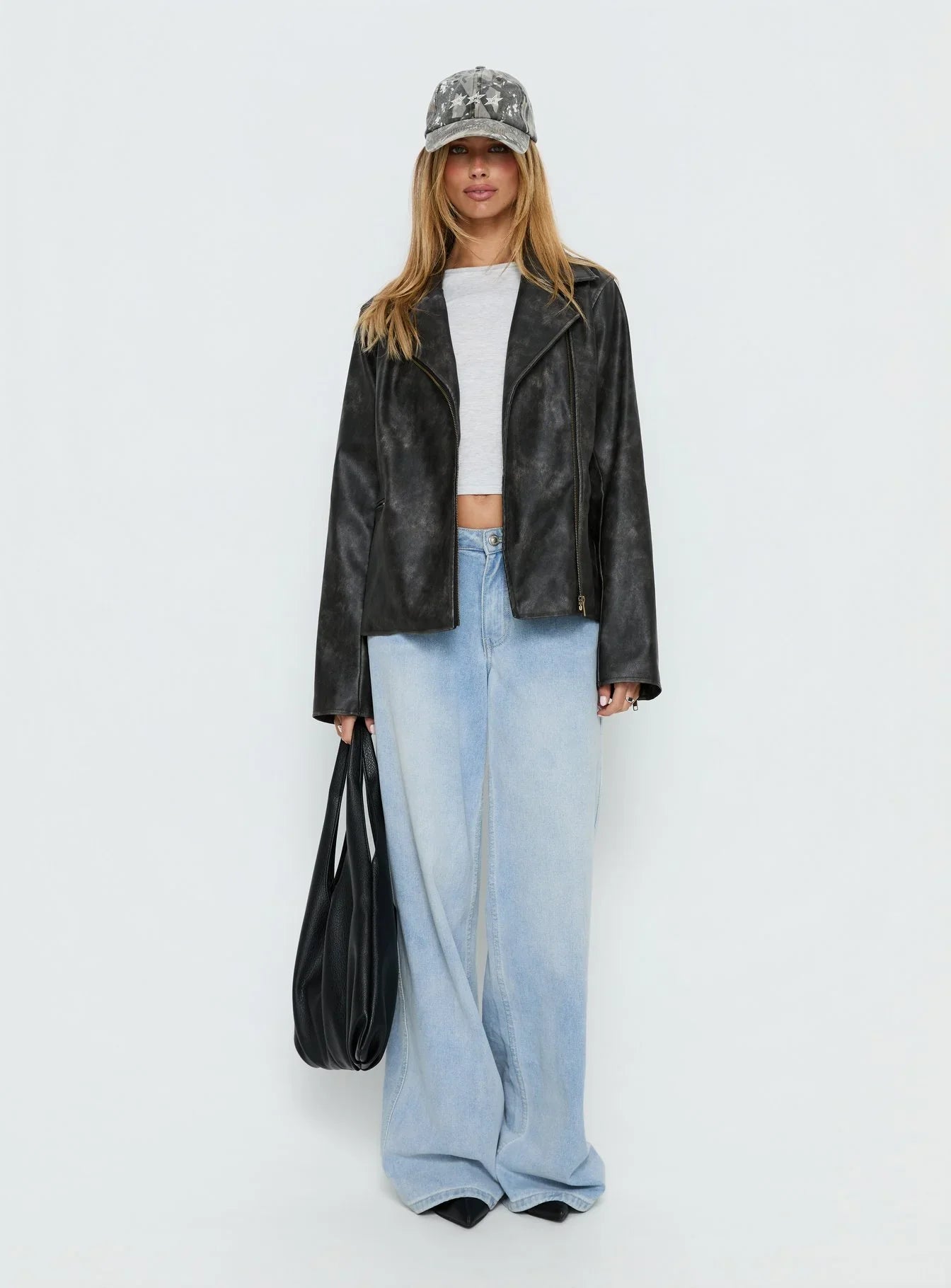 Vyolette Faux Leather Collared Jacket Washed Black