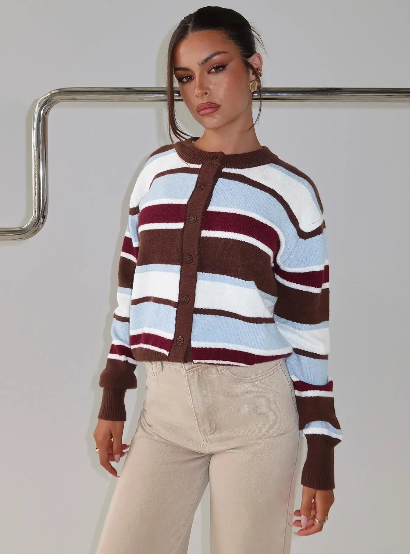 Soline Knit Cardigan Blue Brown Stripe