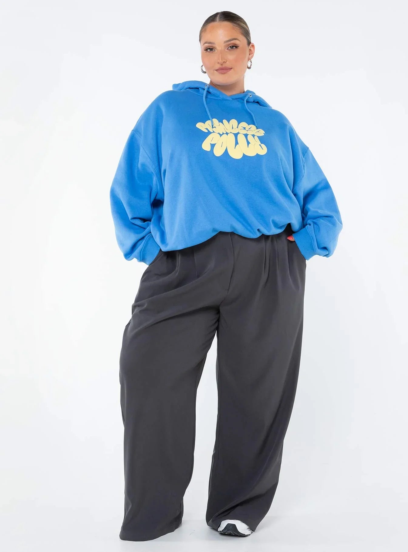 Princess Polly Hooded Sweatshirt Bubble Text Blue Yellow Curve