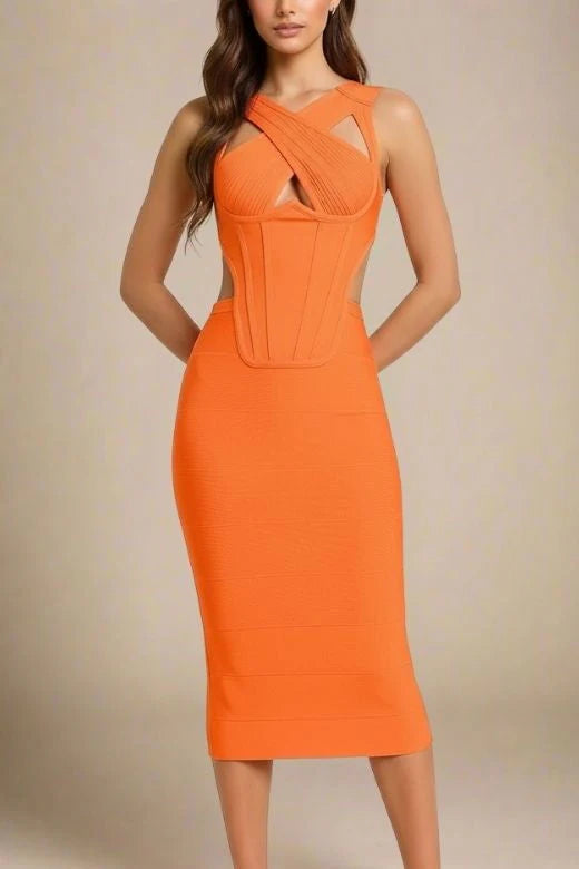 Sasha Bandage Midi Dress Apricot Orange Sale