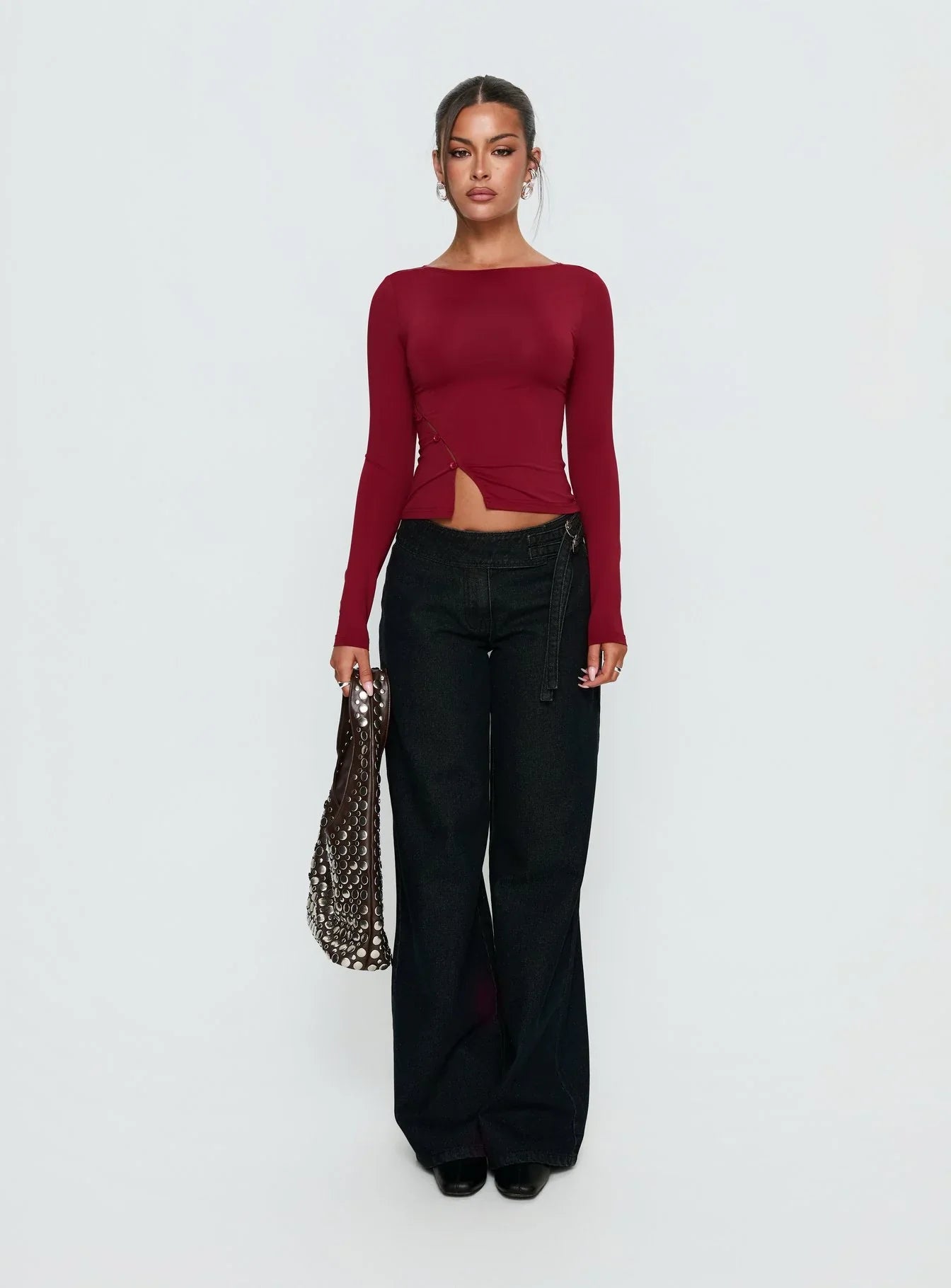 Crowded Room Button Up Long Sleeve Top Wine