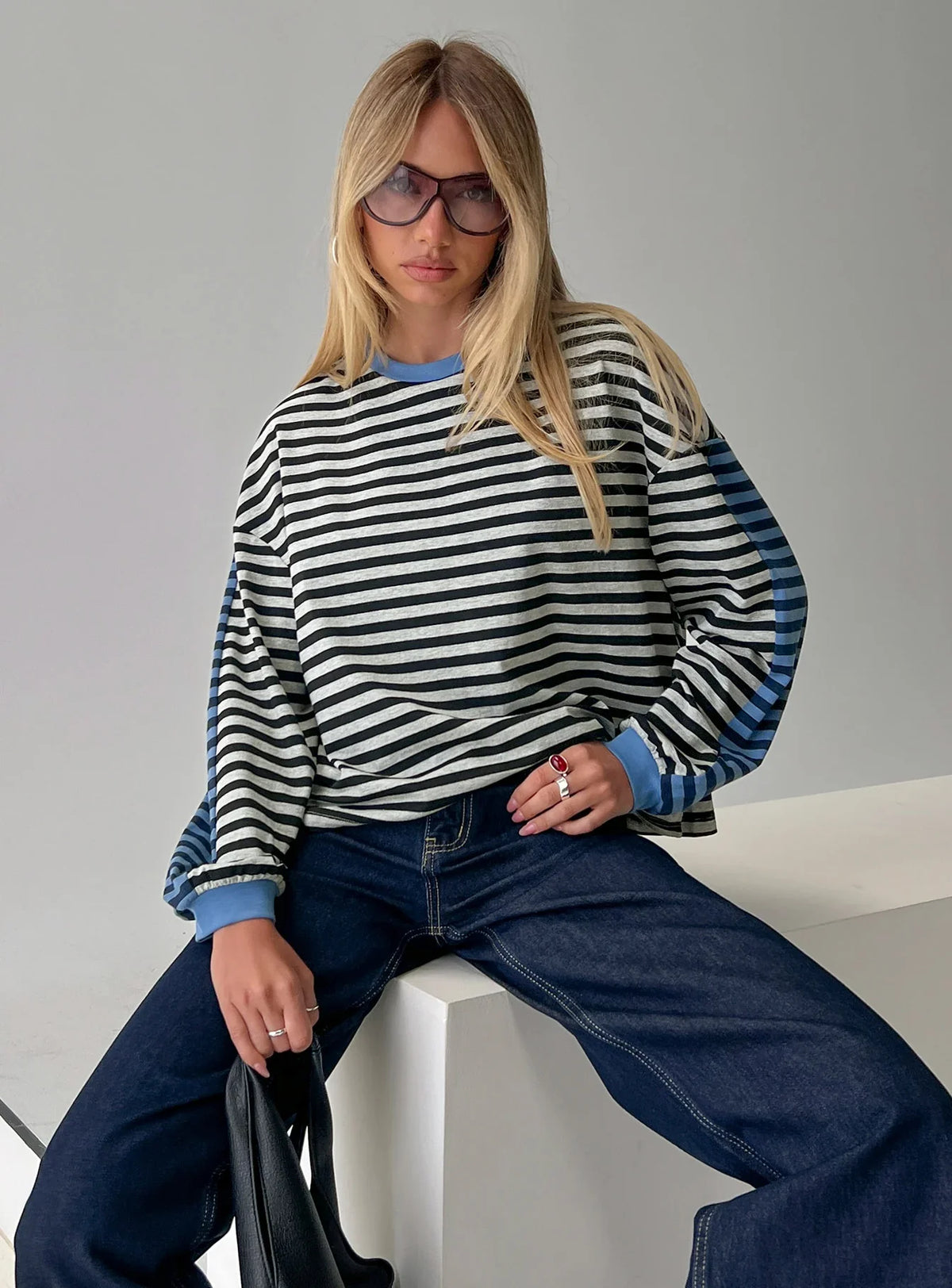 Taysha Long Sleeve Top Black Grey Stripe