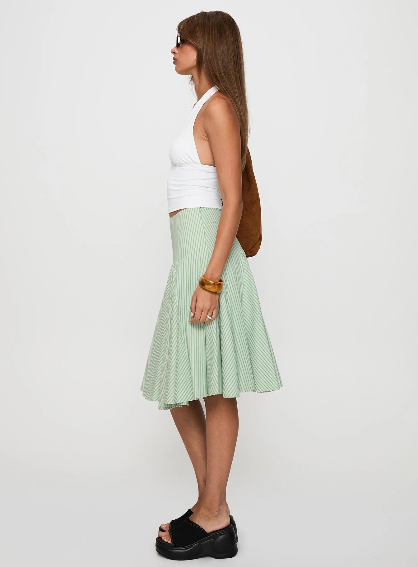 Evangaleine Pleat Midi Skirt Green White