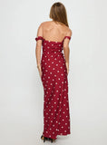 End Credits Off Shoulder Pleat Maxi Dress Red Polka Dot