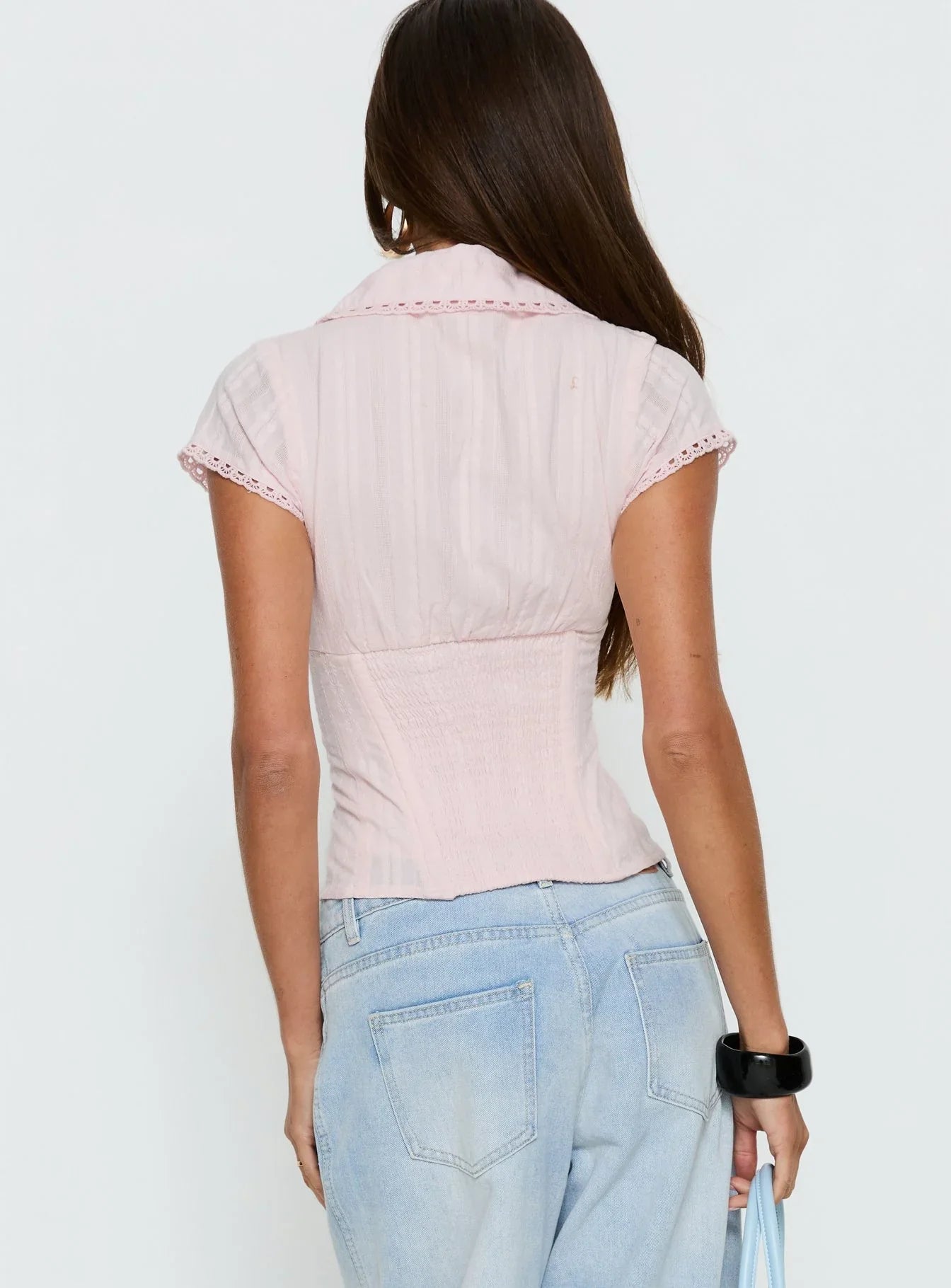 Tyrin Lace Trim Short Sleeve Shirt Pink