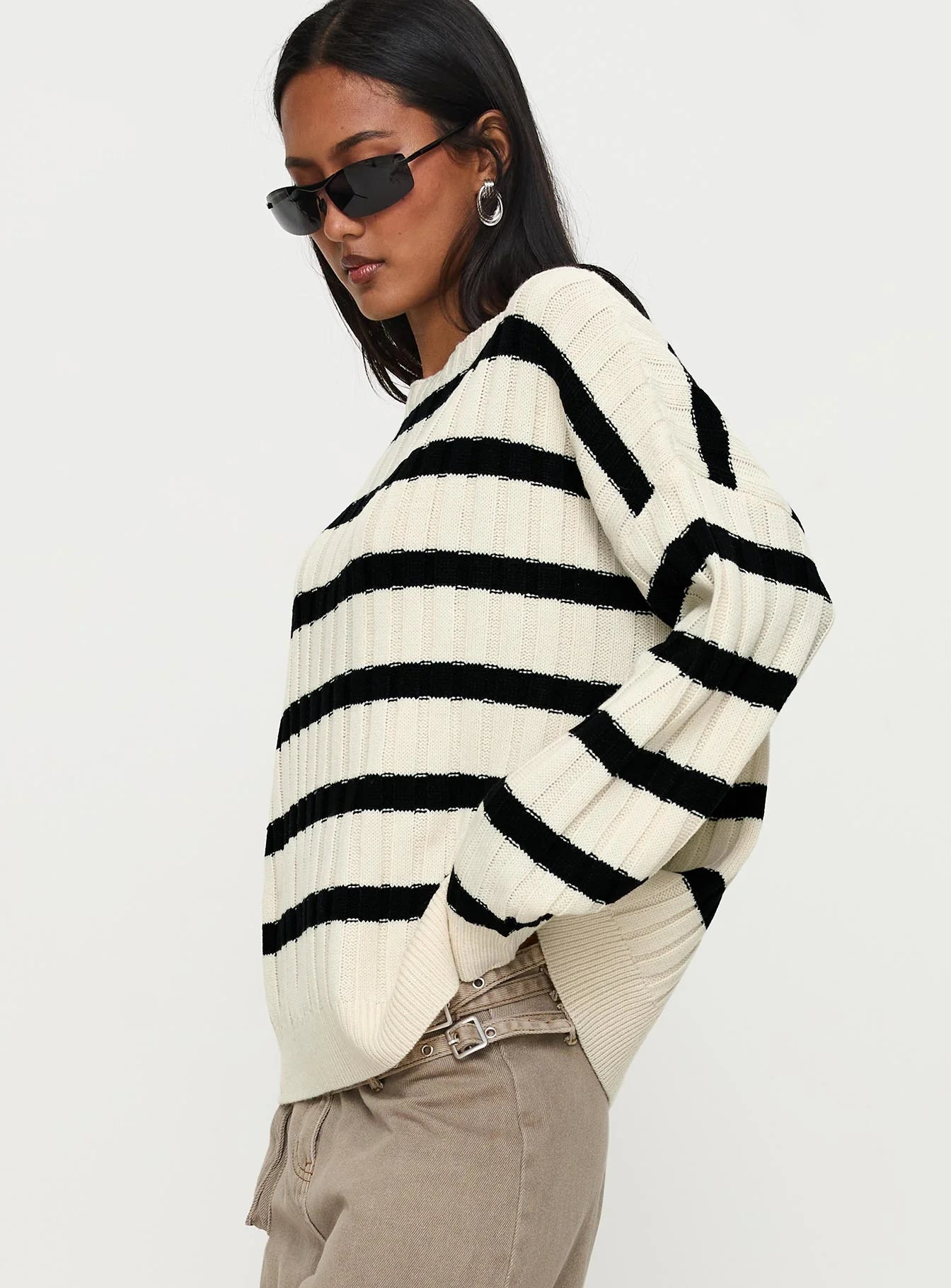 Elenita Wide Neck Knit Sweater Black White
