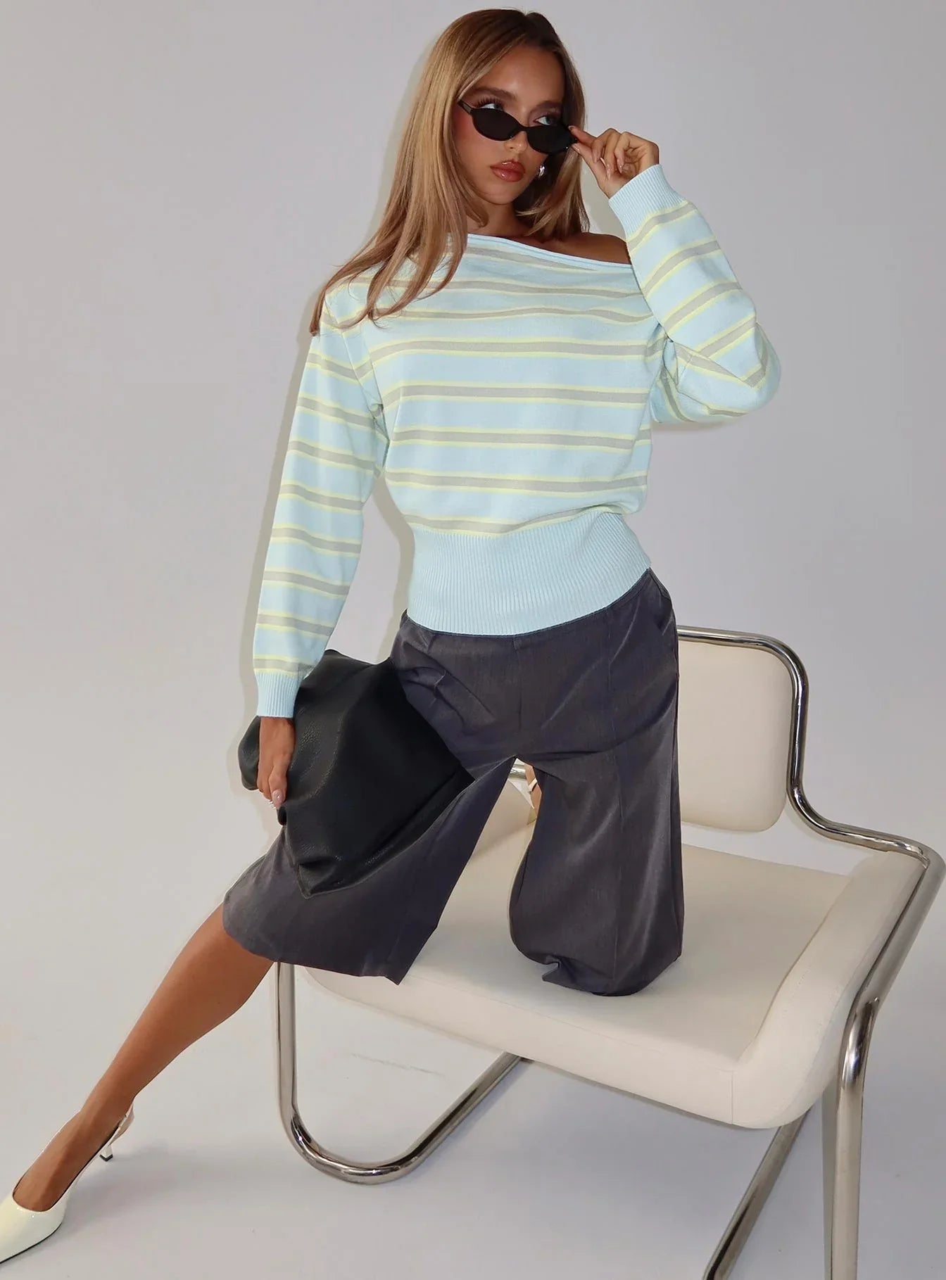 Zinia Off Shoulder Knit Sweater Grey / Blue Stripe