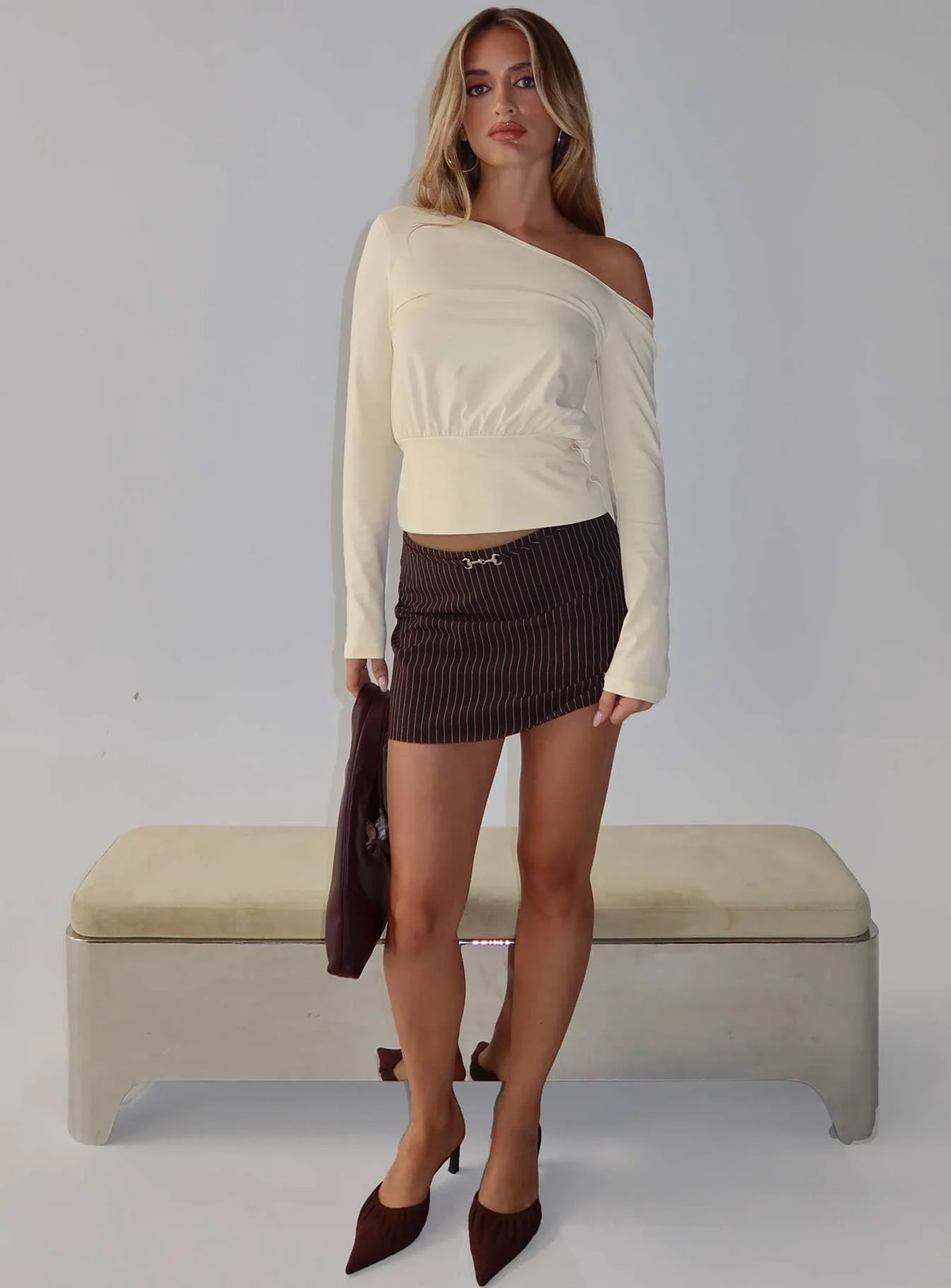Yellena Buckle Mini Skirt Brown Pinstripe
