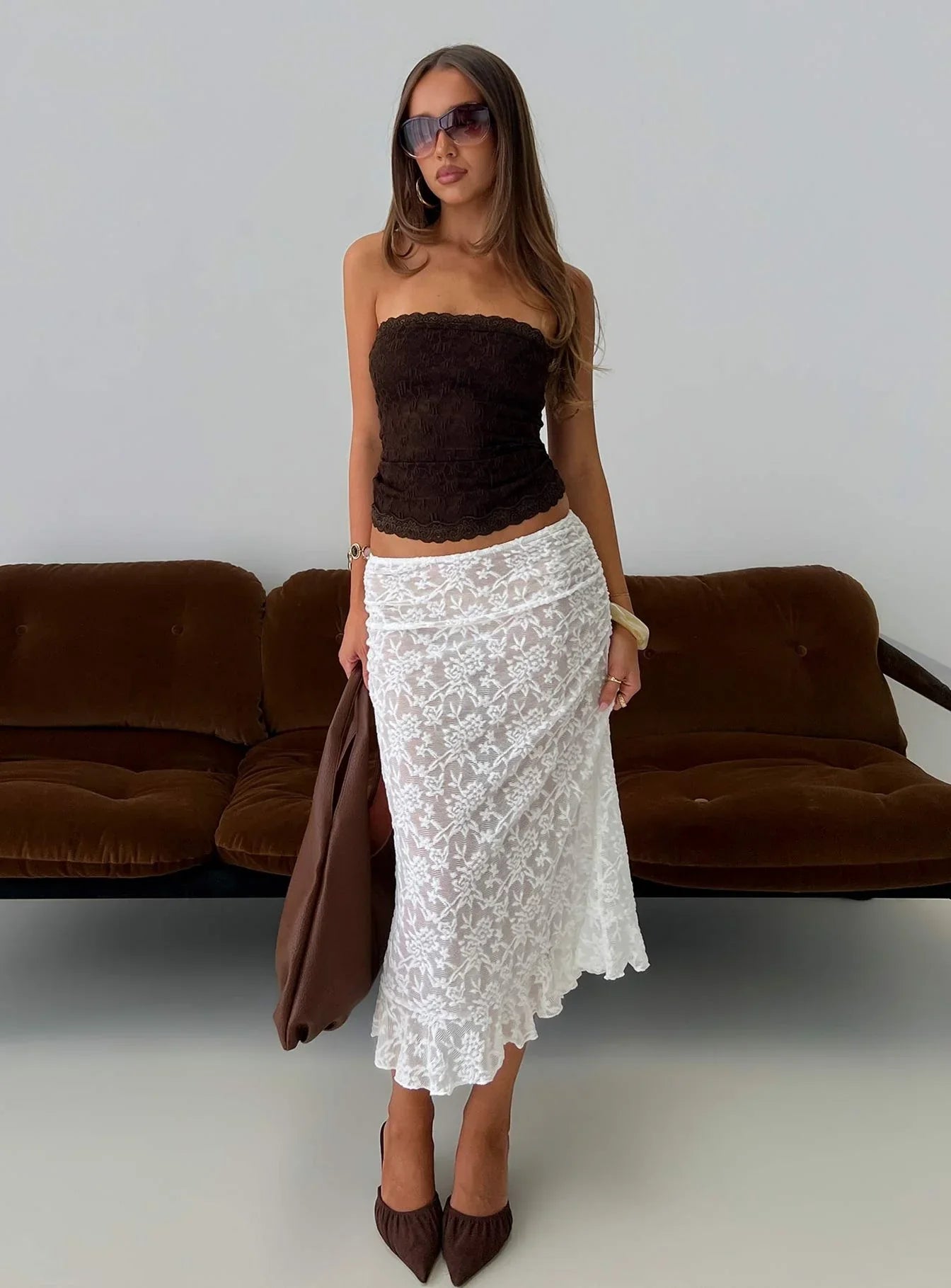 Toscani Lace Frill Midi Skirt White