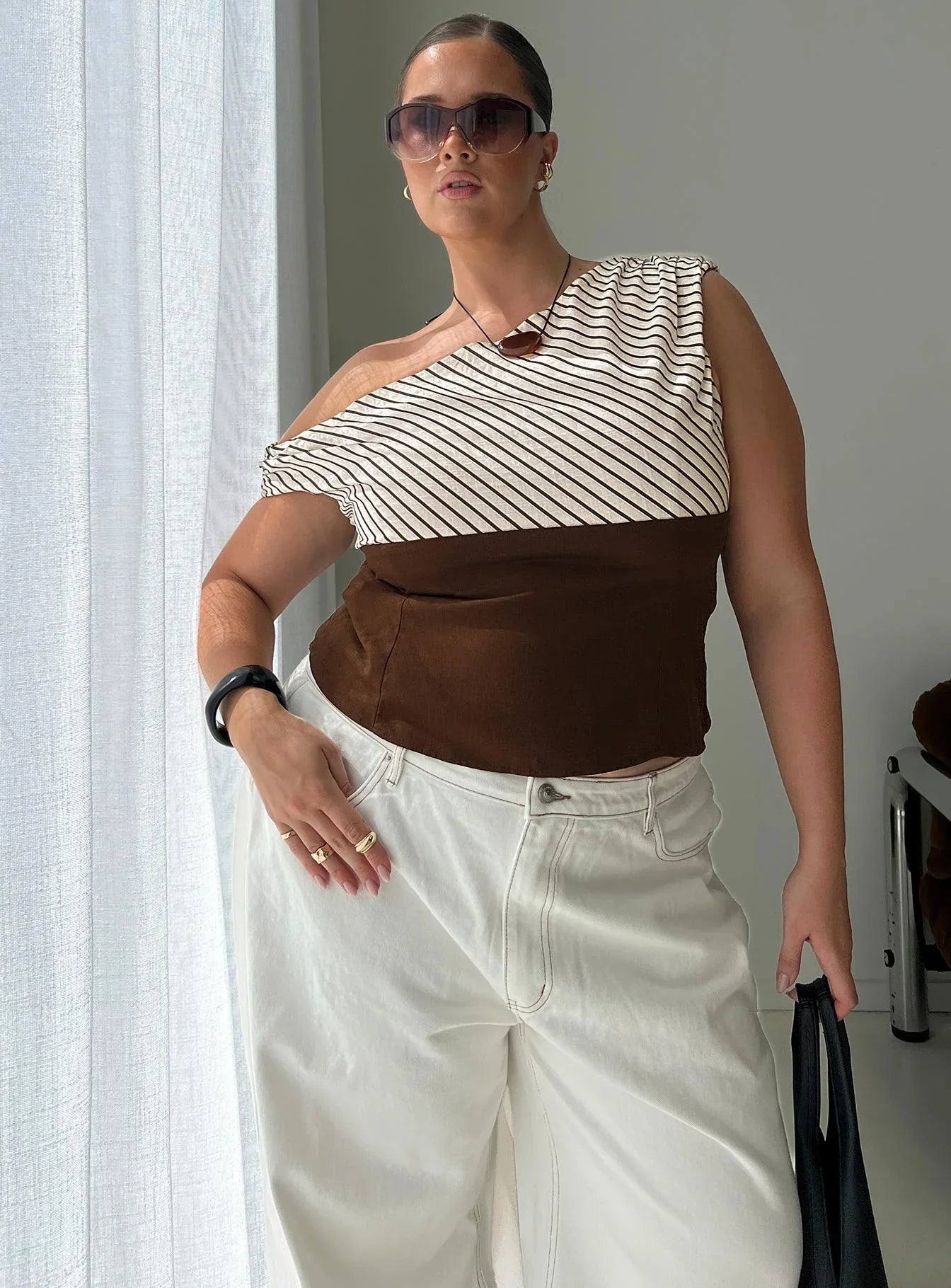Past Life One Shoulder Top Brown / Stripe Curve