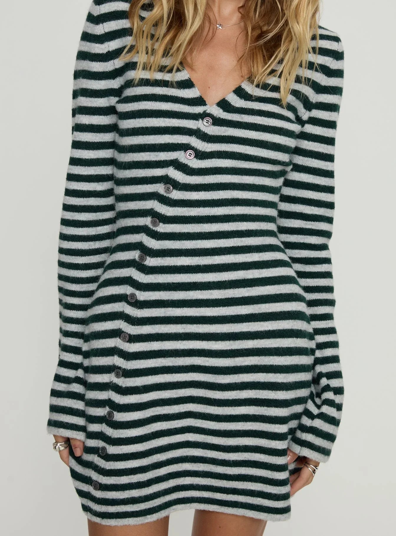 Morgen Asymmetrical Long Sleeve Mini Dress Grey Green Stripe