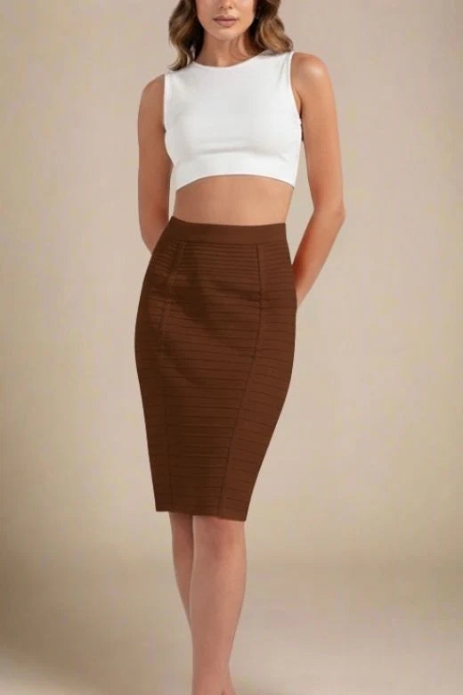 Pencil Bandage Knitted Knee Length Skirt Tan Brown
