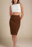 Pencil Bandage Knitted Knee Length Skirt Tan Brown