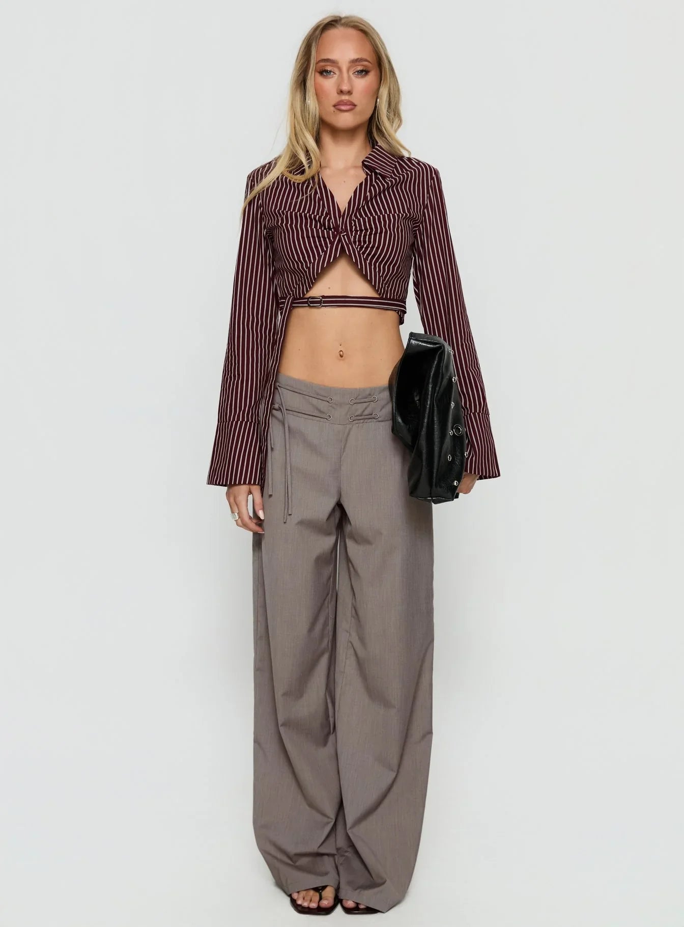 Anslee Wrap Detail Cropped Long Sleeve Top Burgundy Stripe