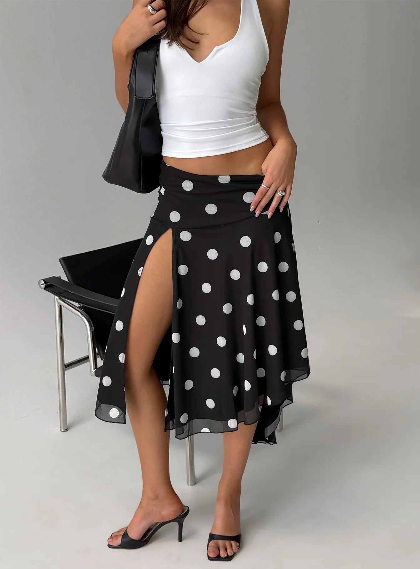 Dulciana High Split Asymmetrical Midi Skirt Black Polka Dot
