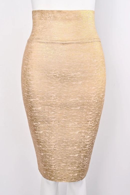 High Waist Leather Pencil Skirt Midi Length Gold