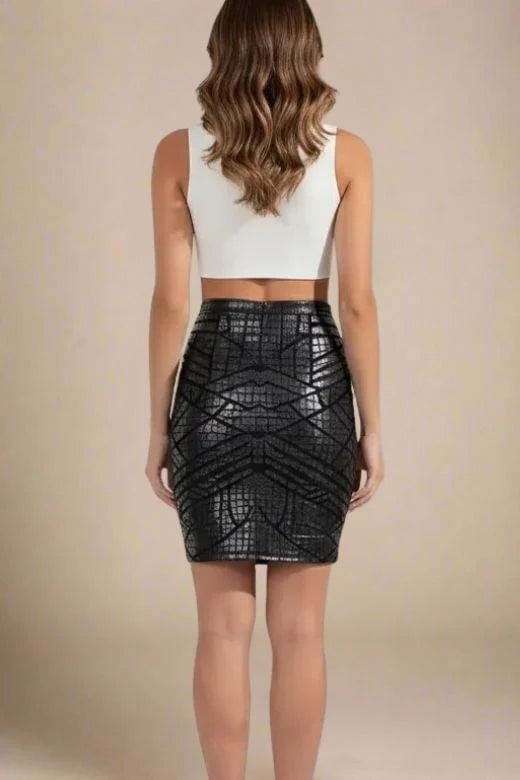 High Waist Leather Pencil Skirt Mini Length Crocodile Black