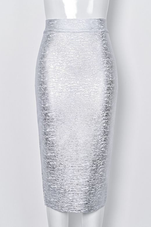 High Waist Leather Pencil Skirt Midi Length Metallic Silver