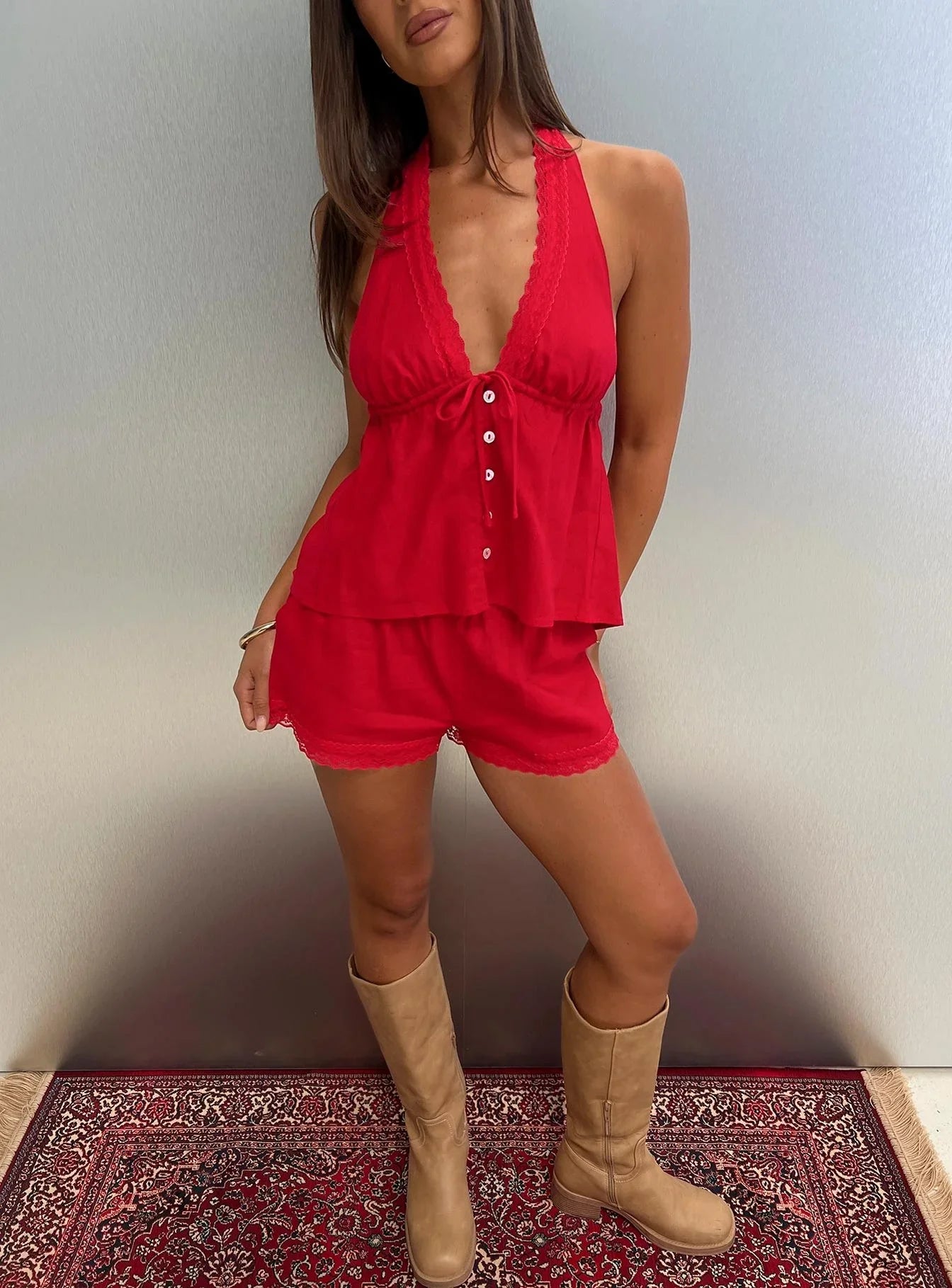 Cloud Crush Linen Drawstring Shorts Red