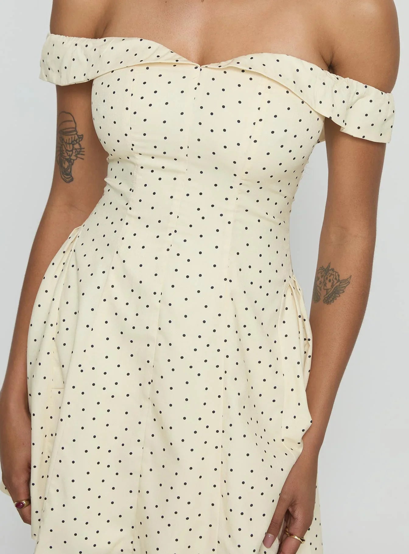 Rosebud Off The Shoulder Mini Dress Yellow Polka Dot