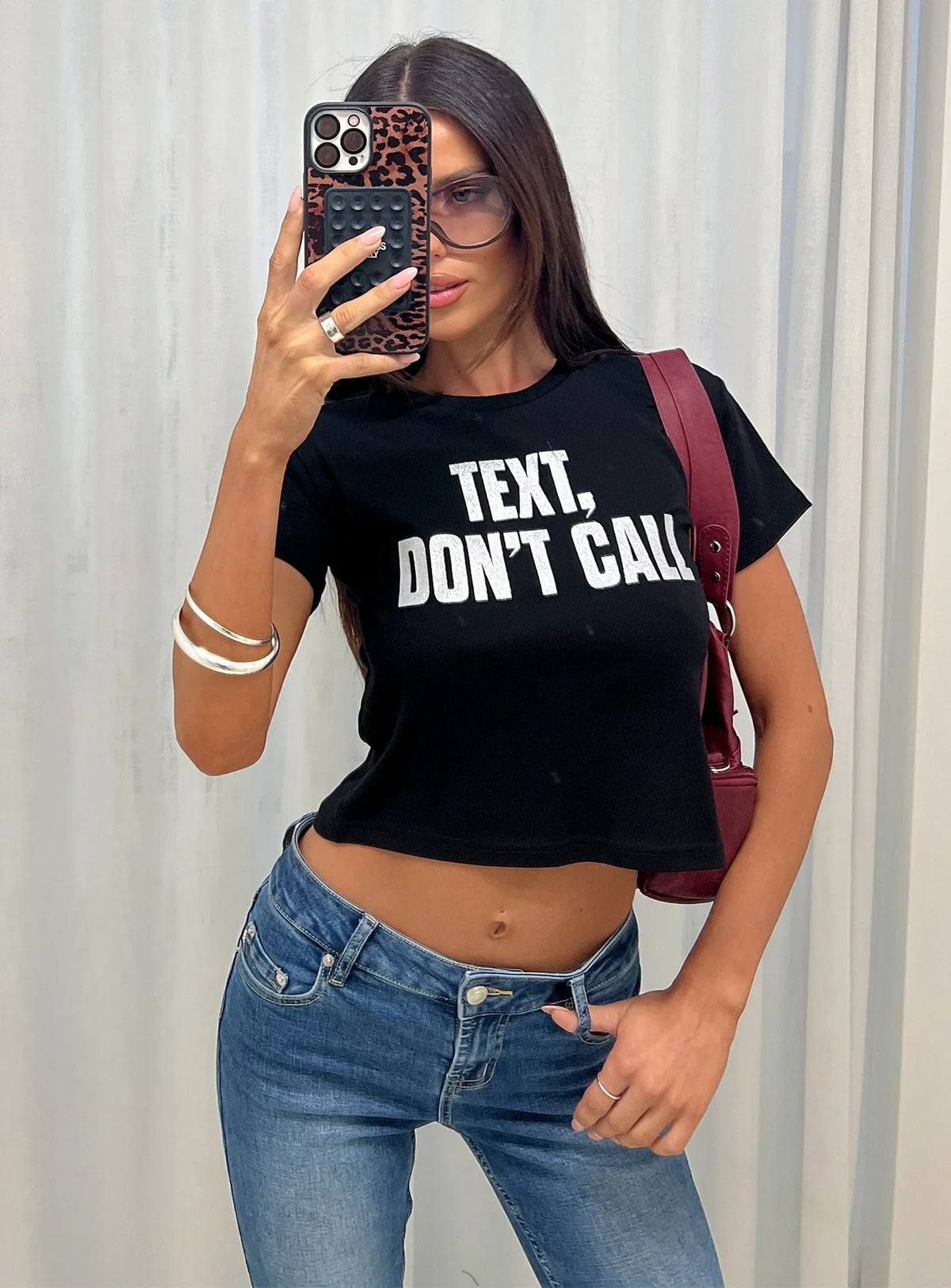 Text Dont Call Shimmer Graphic Top Black