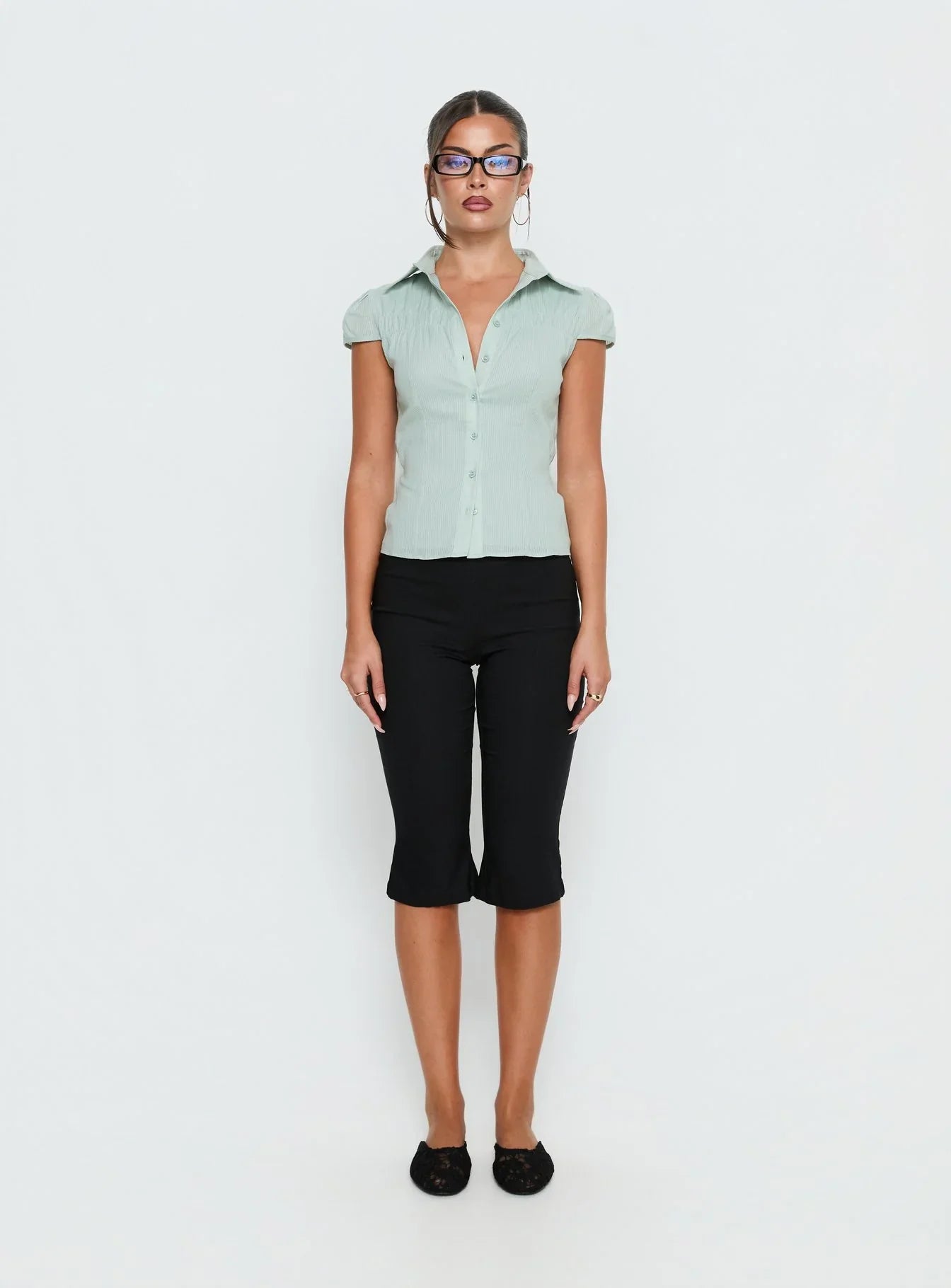 Adulation Ruched Detail Short Sleeve Shirt Green