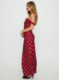 End Credits Off Shoulder Pleat Maxi Dress Red Polka Dot