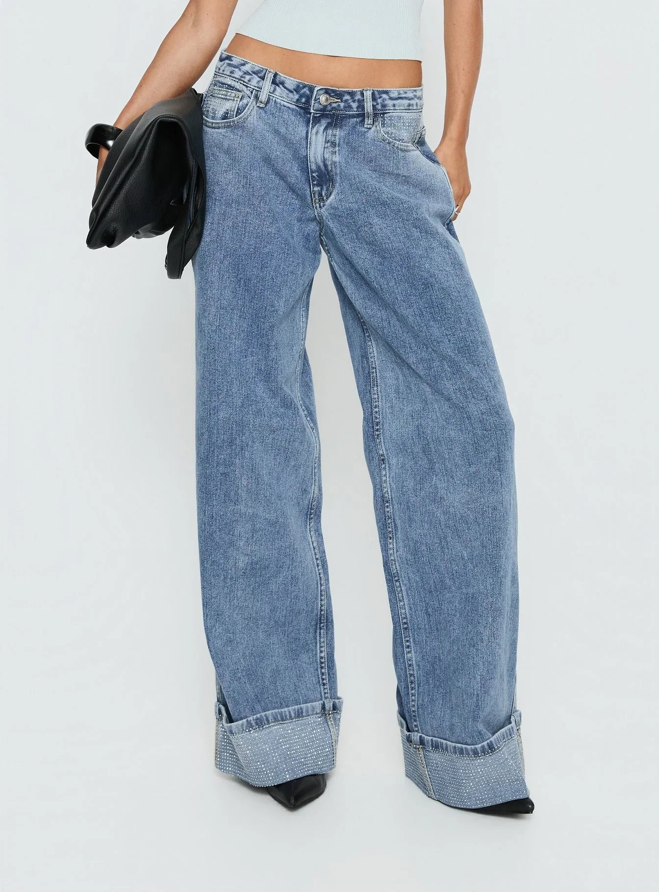 Ramos Diamante Low Rise Wide Leg Jeans Washed Mid Blue