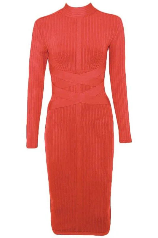 Jane Long Sleeve Bodycon Midi Dress Lipstick Red Sale