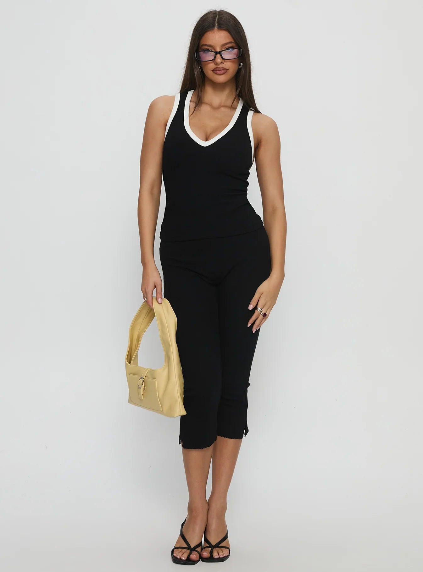 Baseline V Neck Rib Tank Top Black White