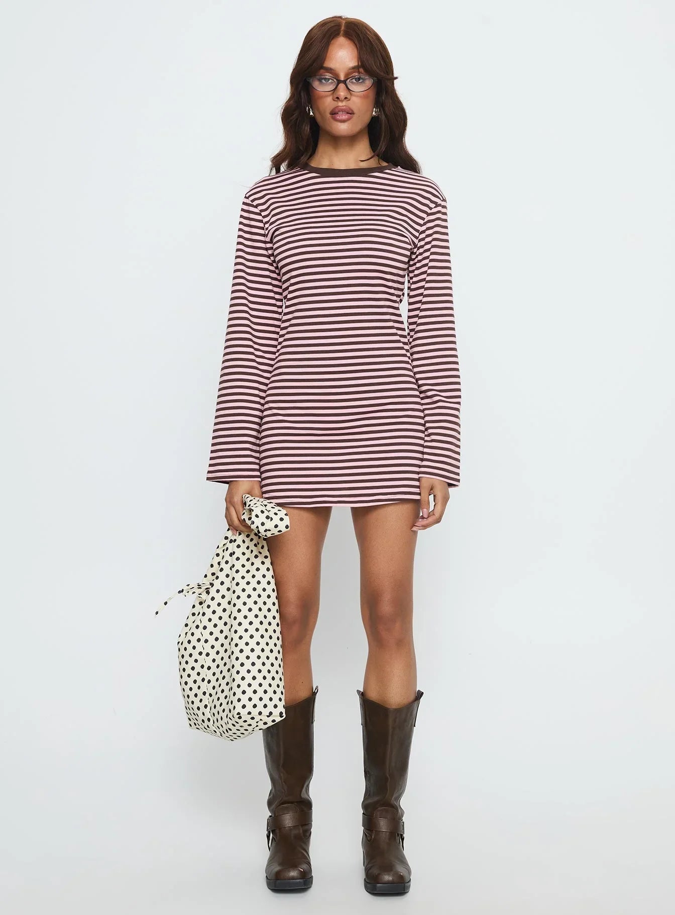 Lulolah Long Sleeve Mini Dress Chocolate / Pink Stripe