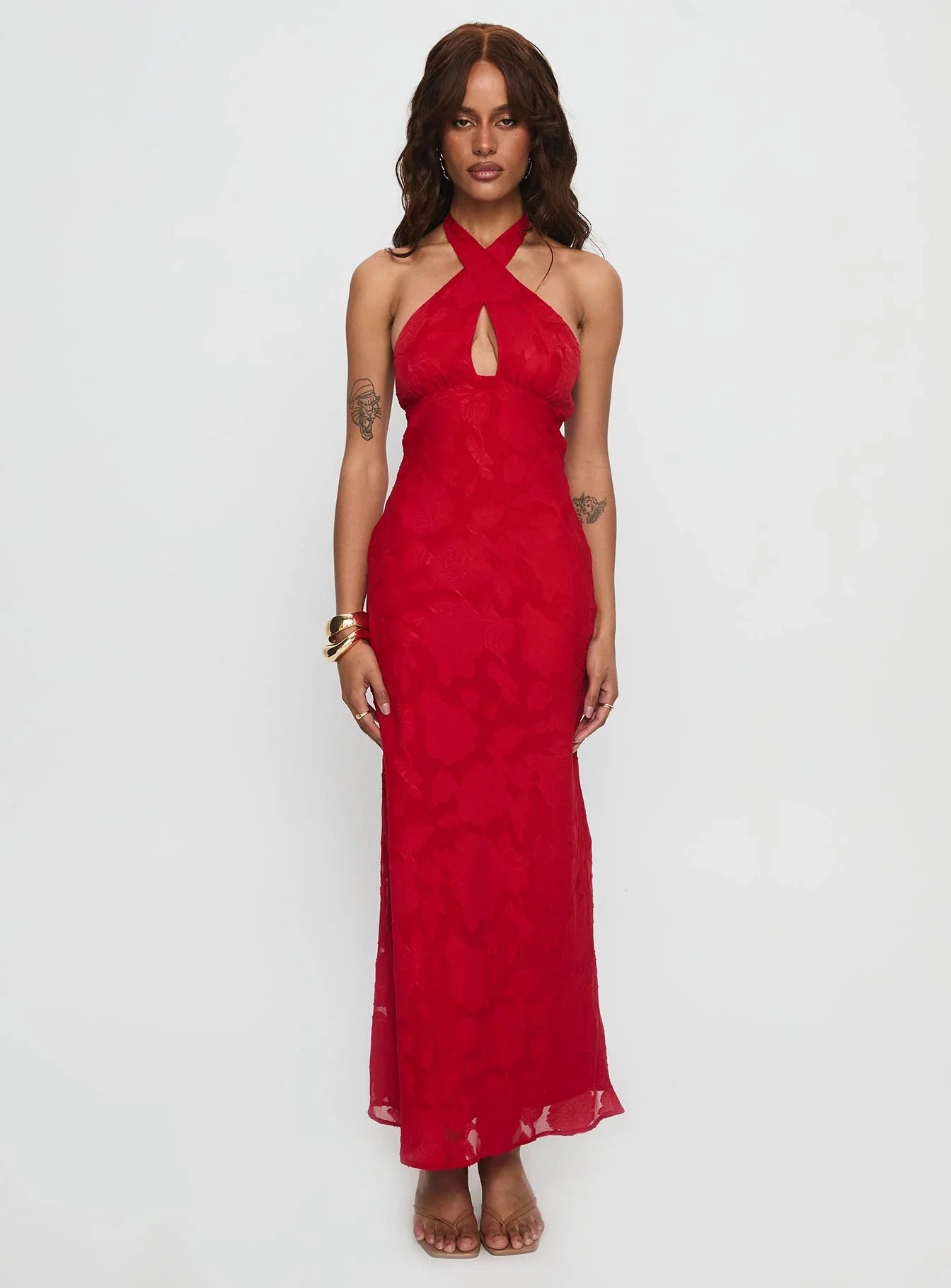 Ending Credits Halter Twist Maxi Dress Red Burnout