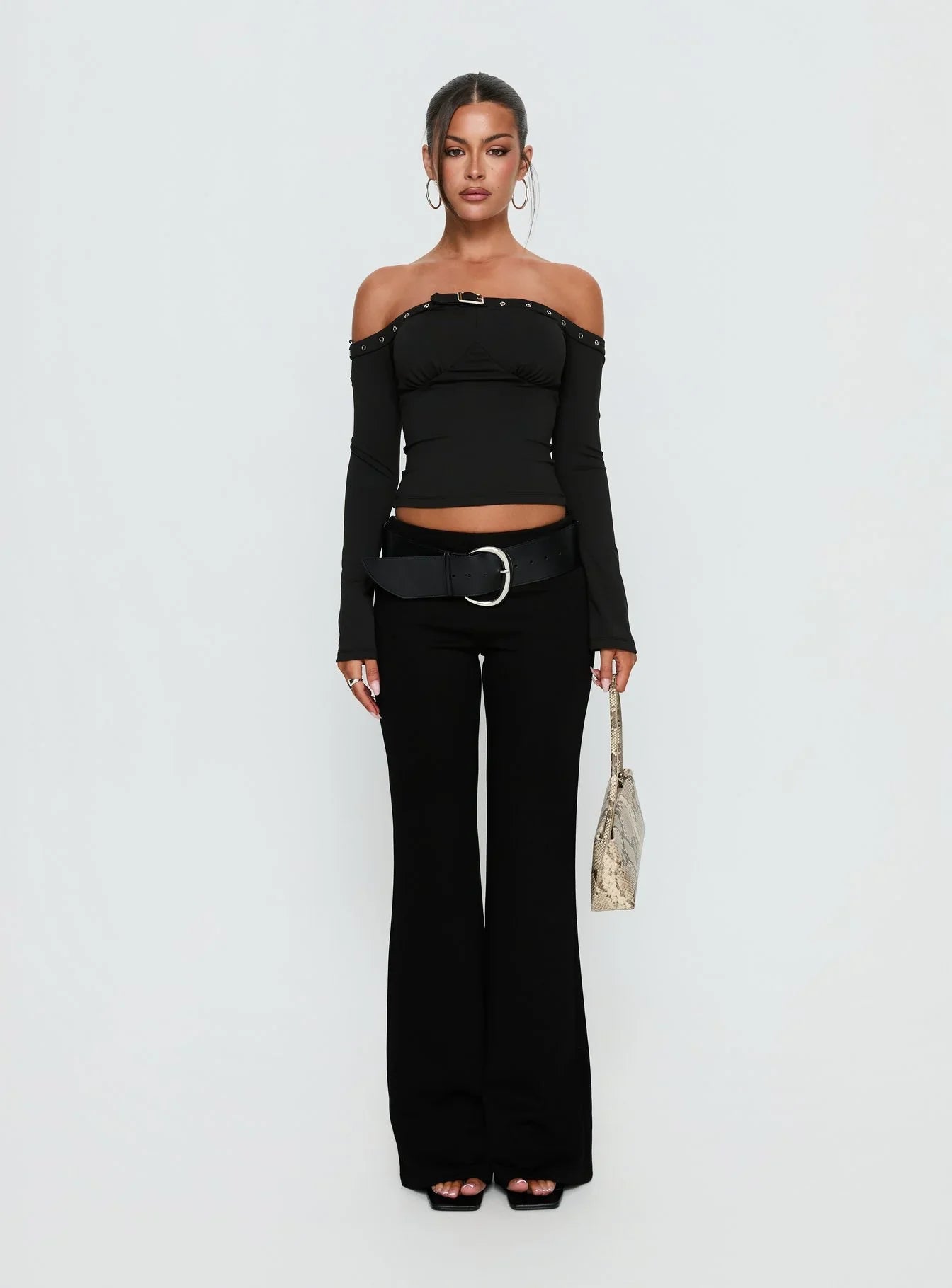 Mansa Off Shoulder Buckle Detail Top Black