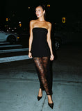 Aleda Sheer Lace Detail Strapless Maxi Dress Black