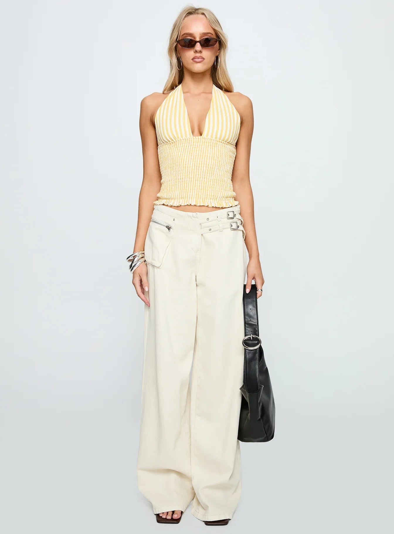 Averin Shirred Halter Top Lemon Stripe