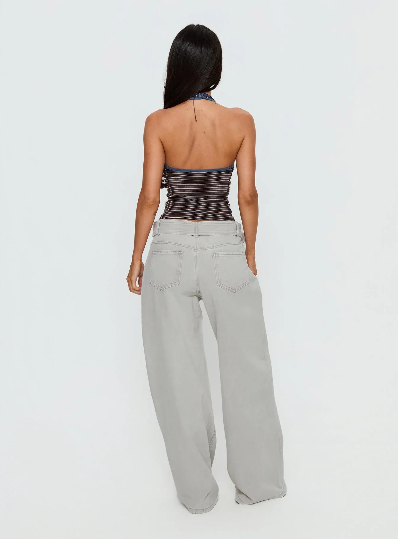 Katlin Mid Rise Wide Leg Buckle Detail Jeans Grey Wash