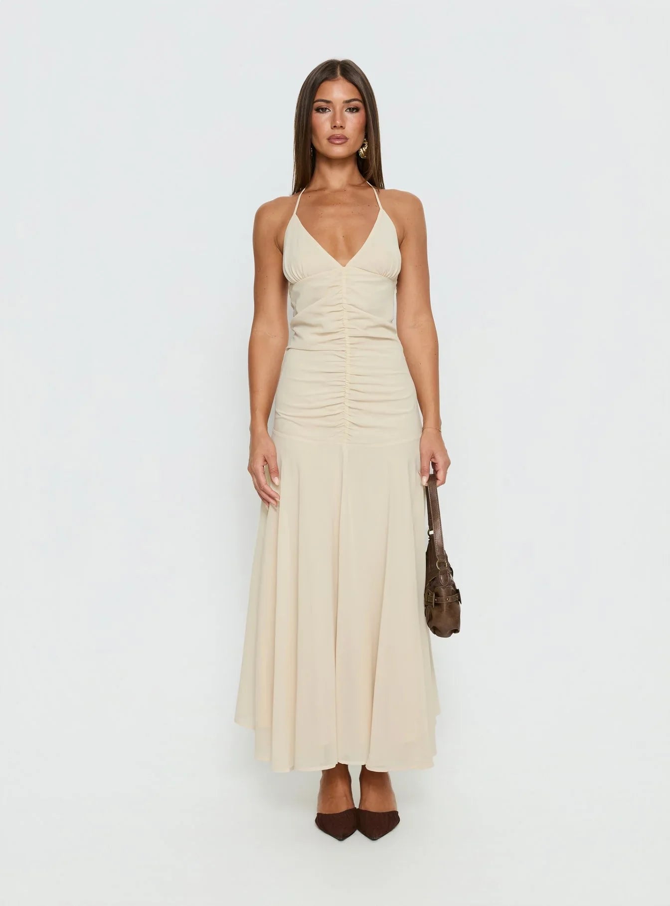 Carlisla Ruched Halter Maxi Dress Yellow
