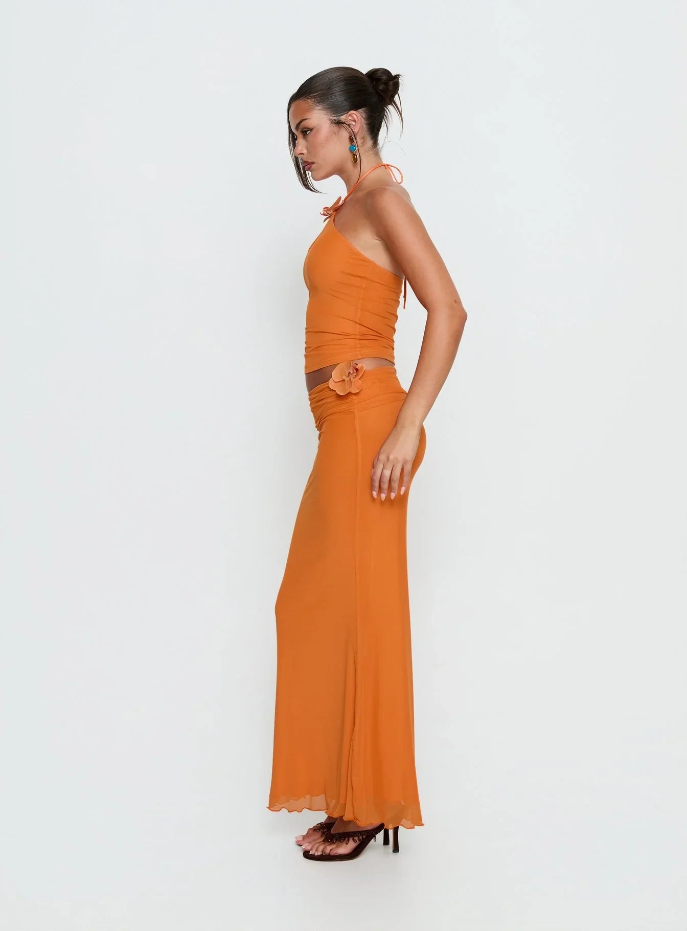 Star Fruit Ruched Waist Maxi Skirt Orange
