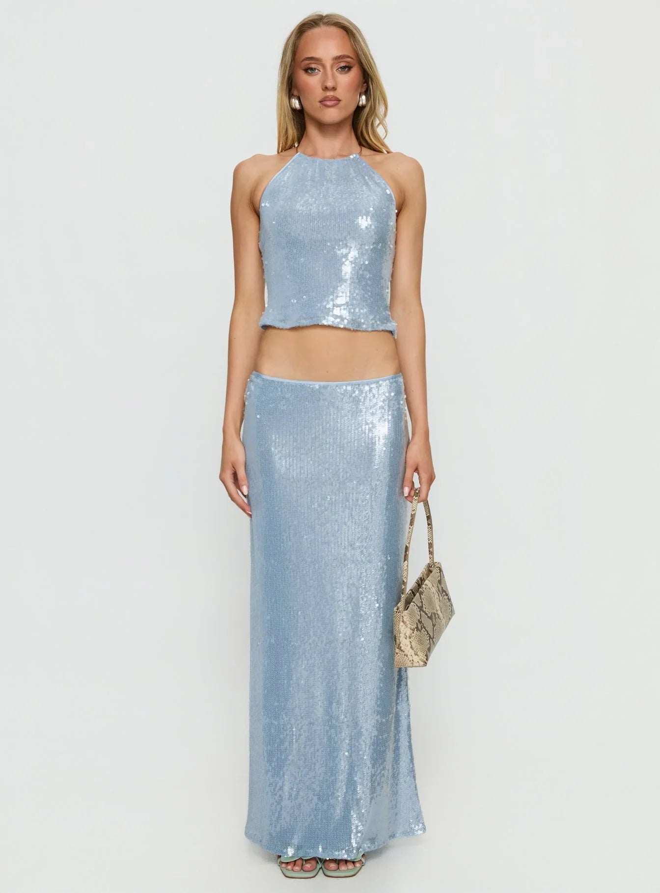 Emalia Halter Sheer Sequin Top Blue