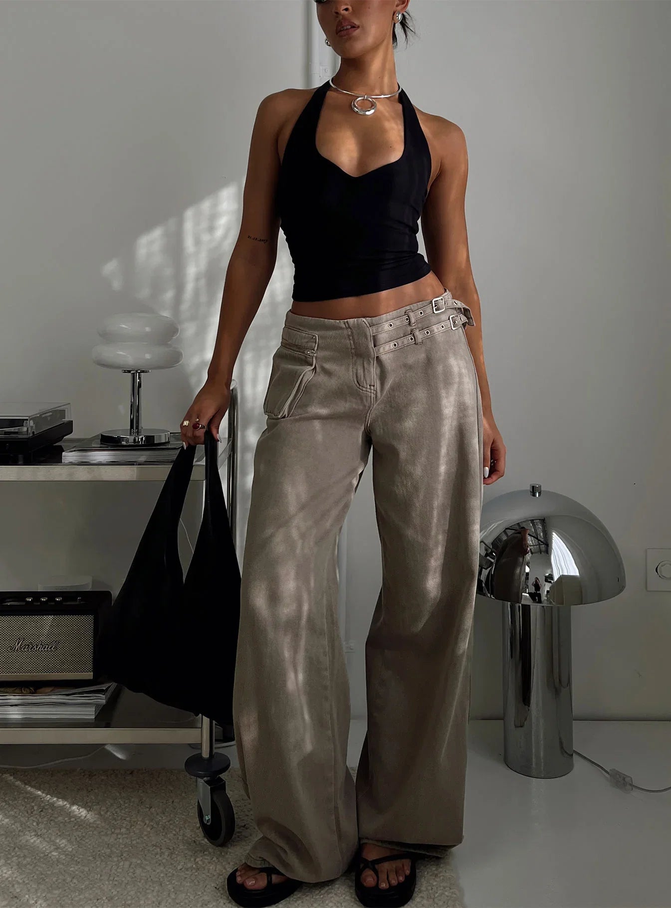 Paltrow Mid Rise Wide Leg Cargo Jeans Washed Brown
