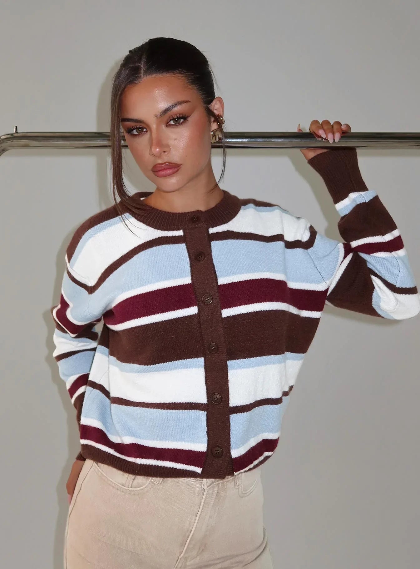 Soline Knit Cardigan Blue Brown Stripe